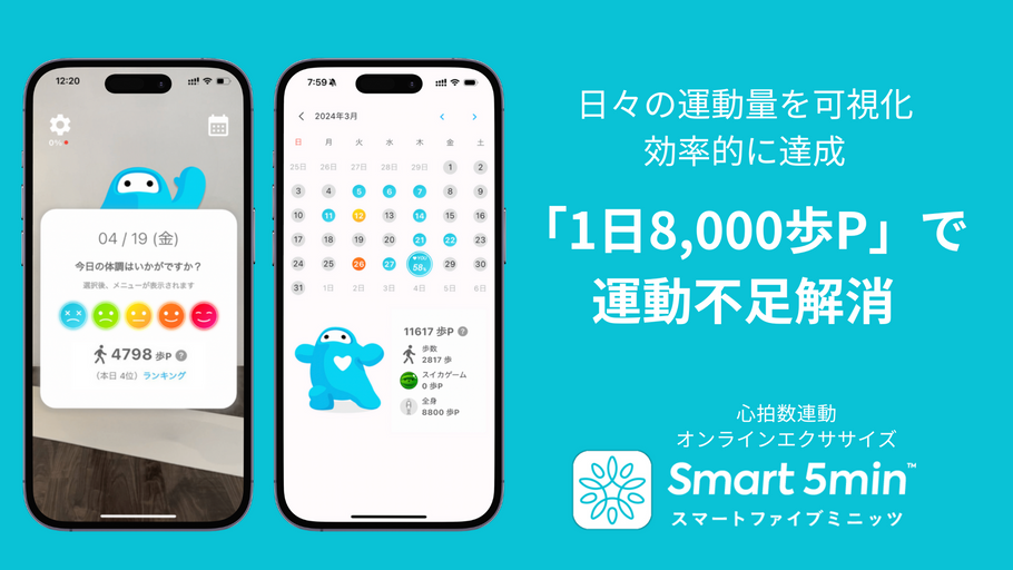 1日8,000歩Pで運動不足解消！運動量を可視化し達成を目指す新機能を5分エクササイズアプリ「スマートファイブミニッツ」に搭載