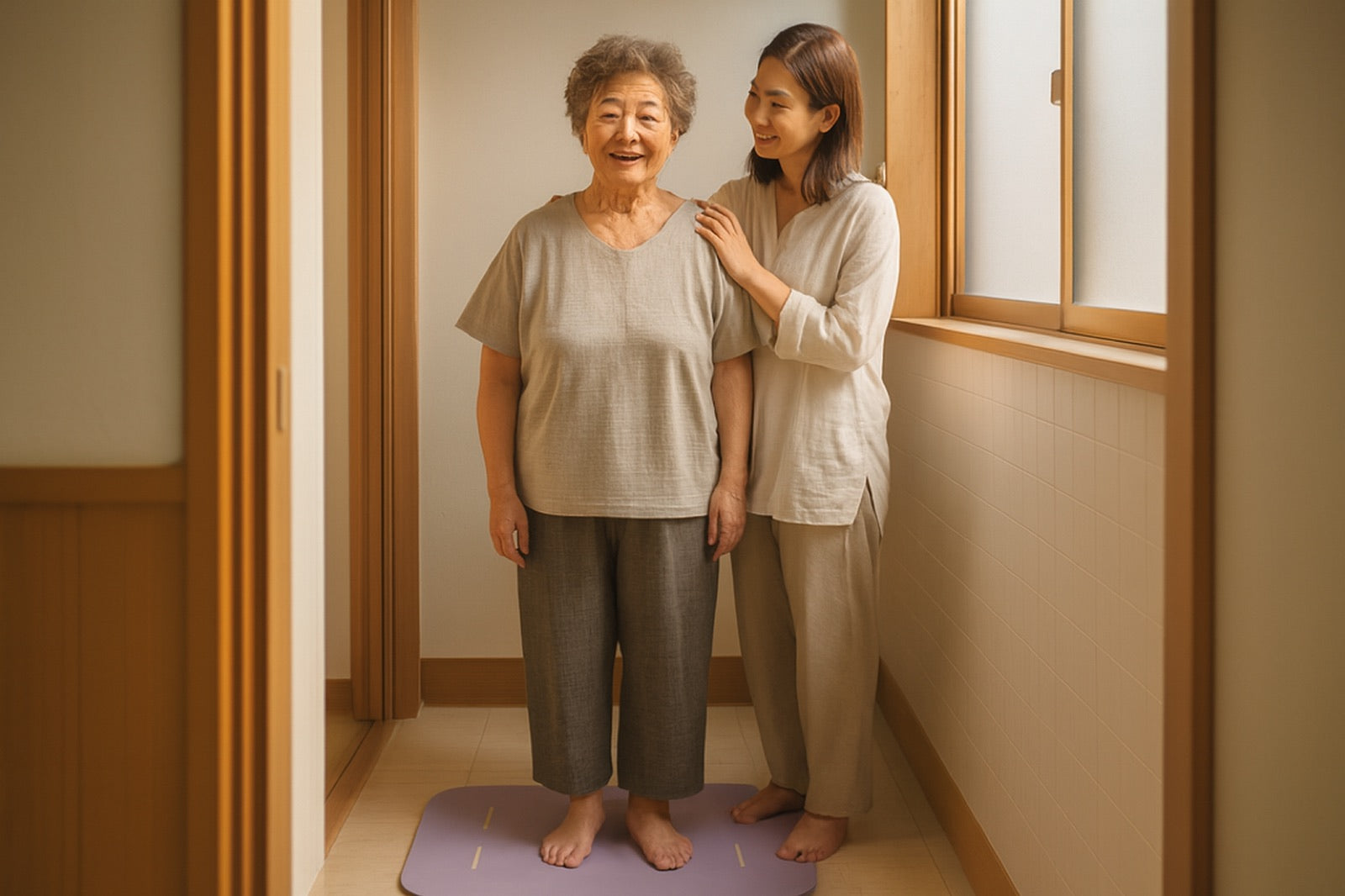 脱衣所でスマートバスマットに乗る母と、そばに立つ娘